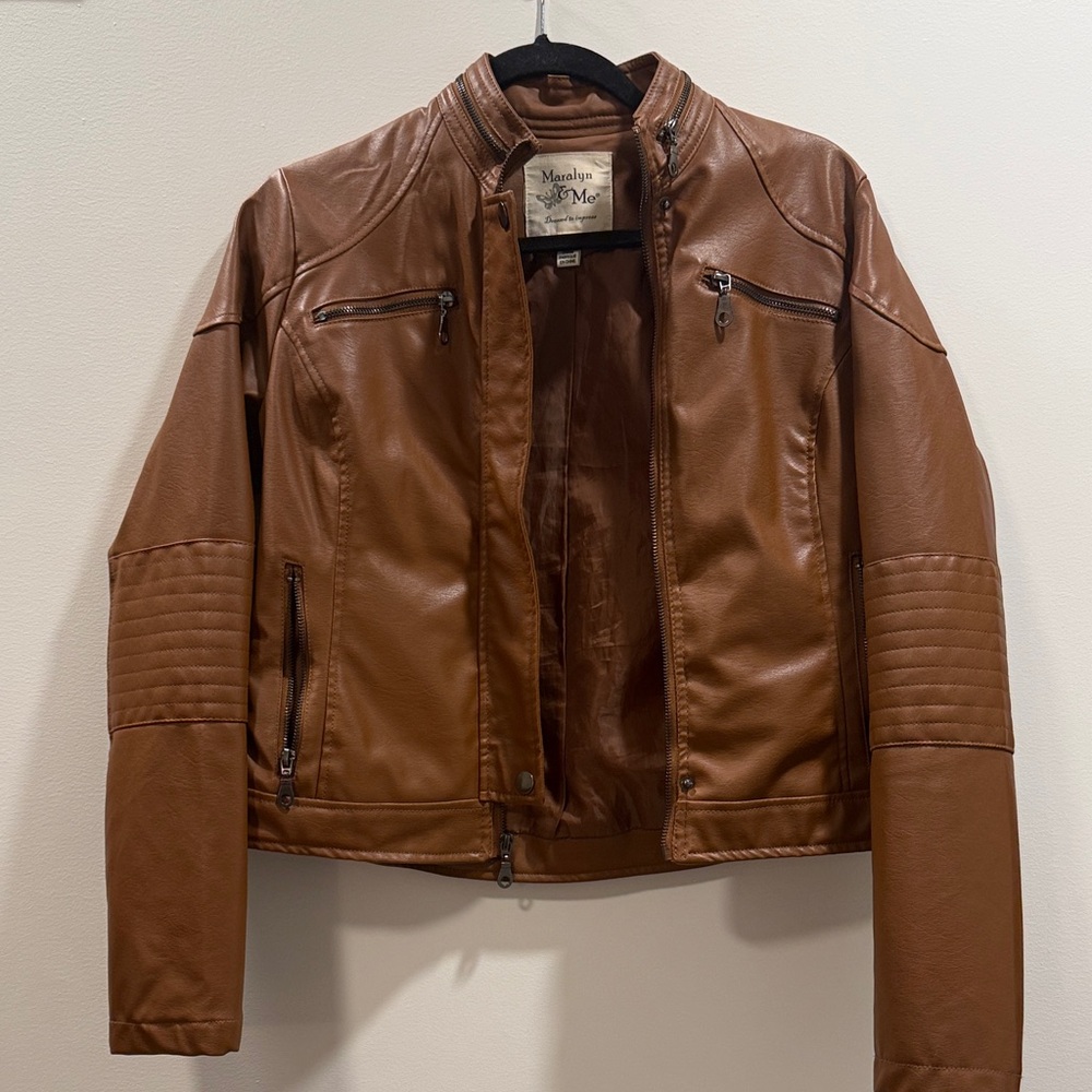 Maralyn & Me Women's Cognac Brown Faux Leather Biker Jacket